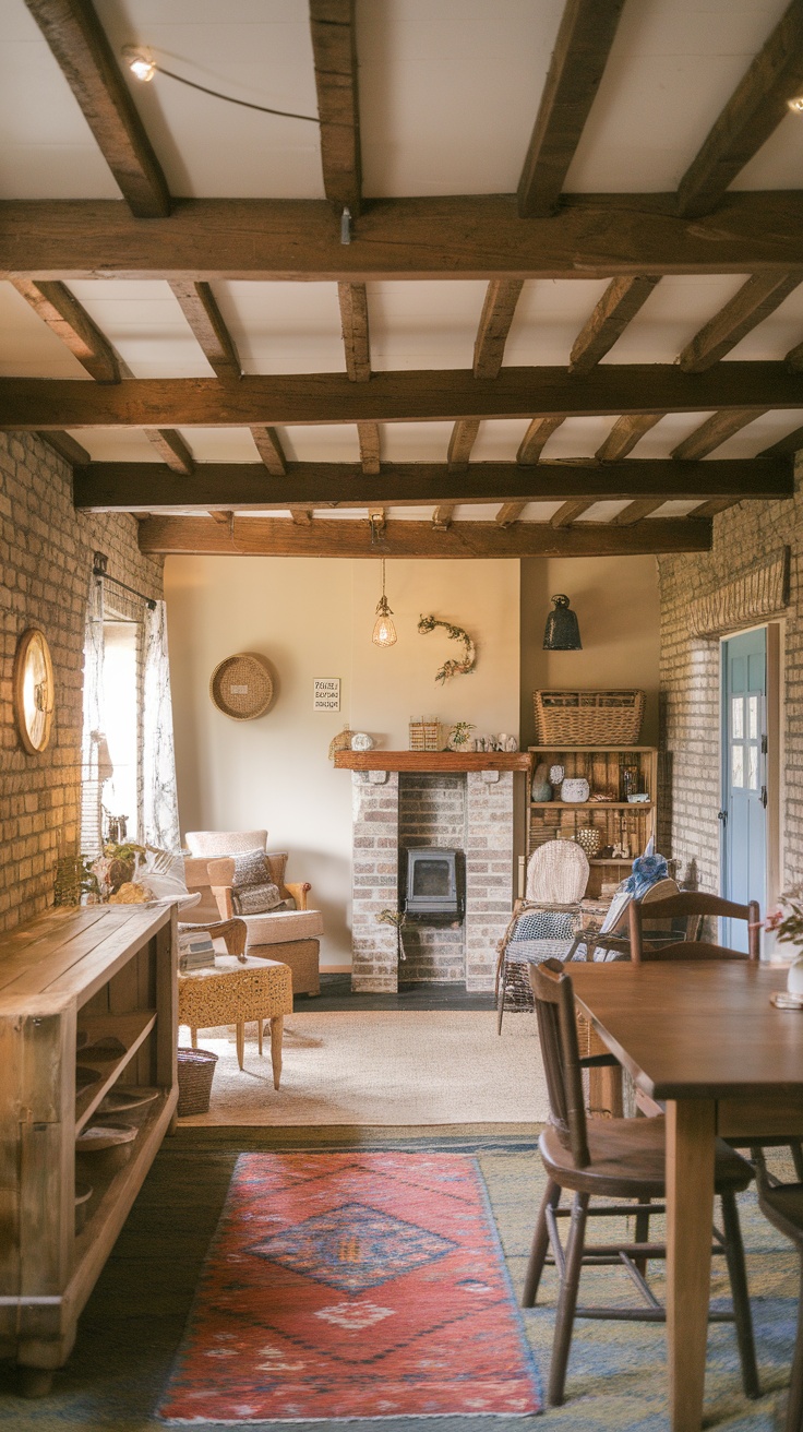 Cozy cottage interior with wooden beams and rustic decor