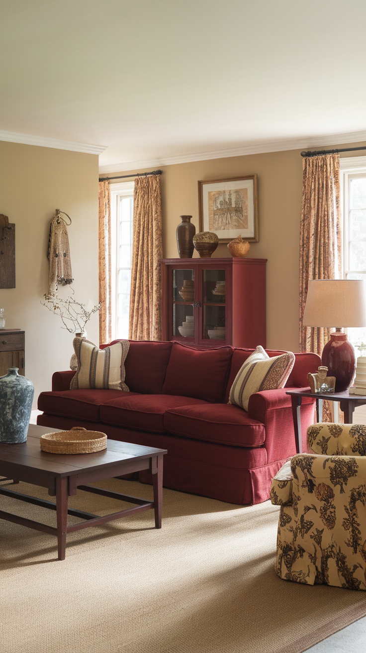 Cozy cottage style living room featuring a dark cherry red sofa and rustic decor.