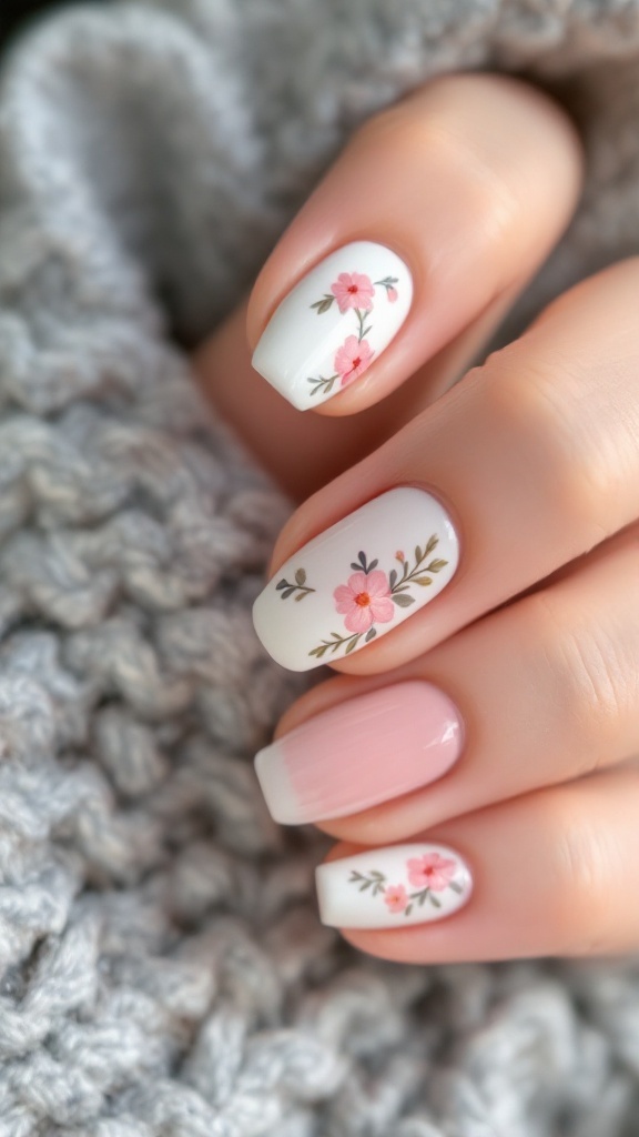 Nail art design featuring floral patterns on a soft white and pink base, inspired by cottagecore aesthetics.