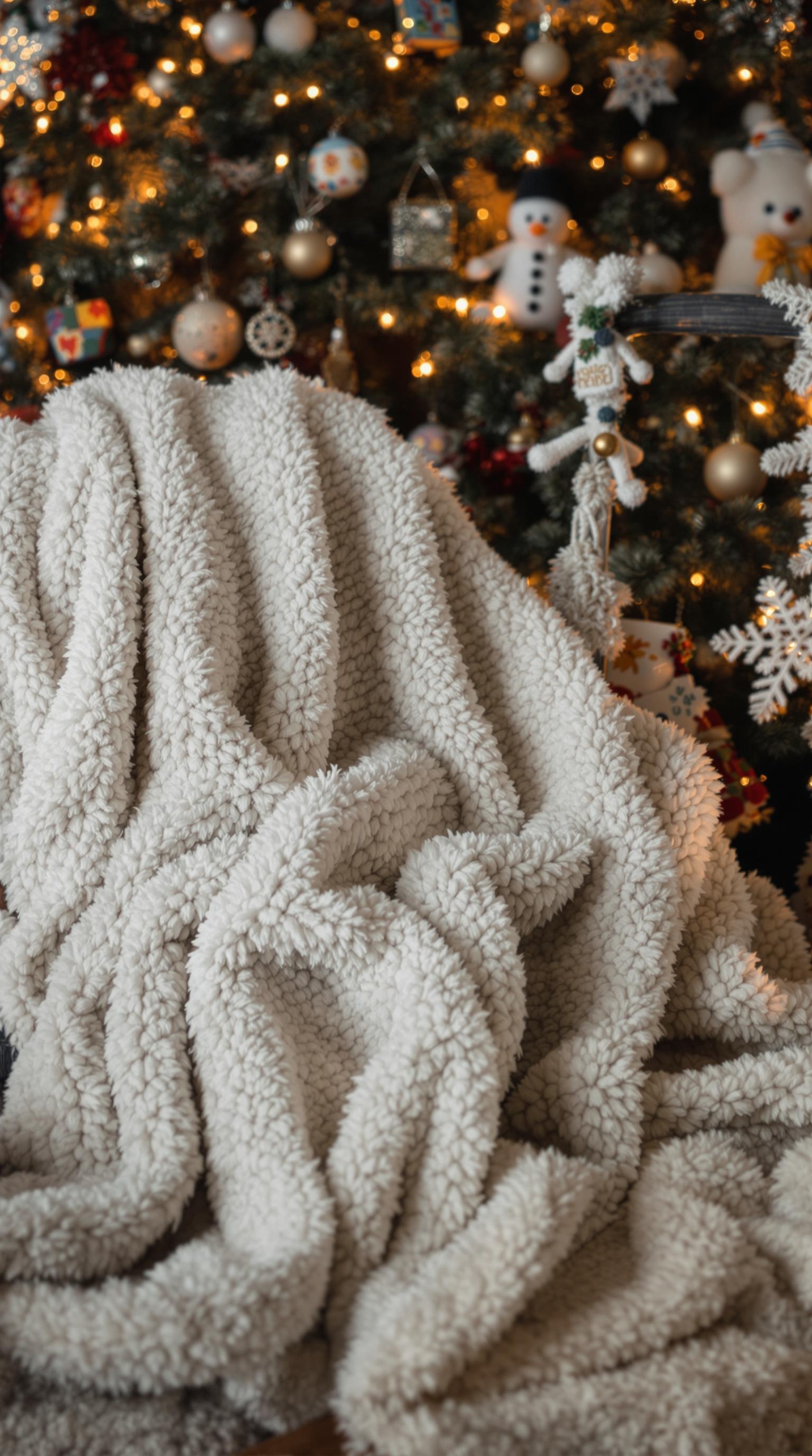 A cozy, fluffy blanket draped invitingly, with a beautifully decorated Christmas tree in the background.