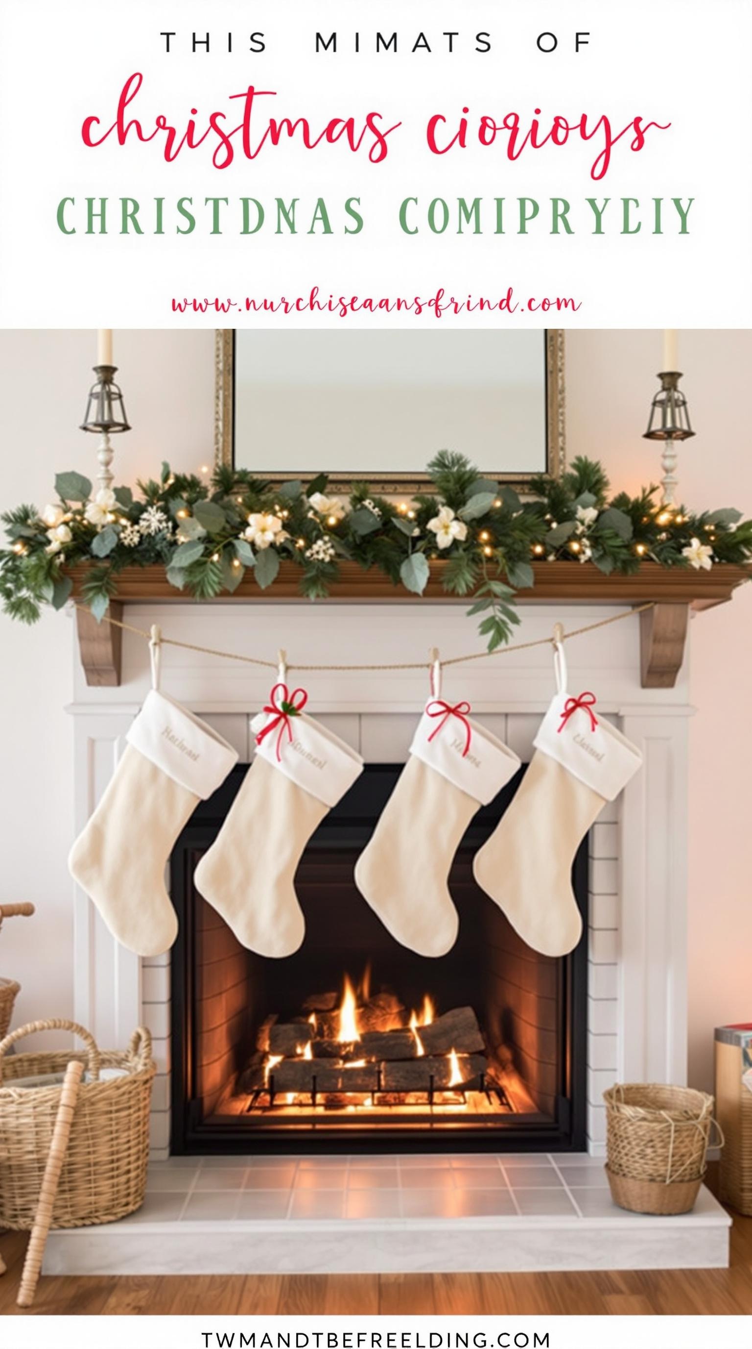 Cozy fireplace with stockings hung above and a warm fire burning.