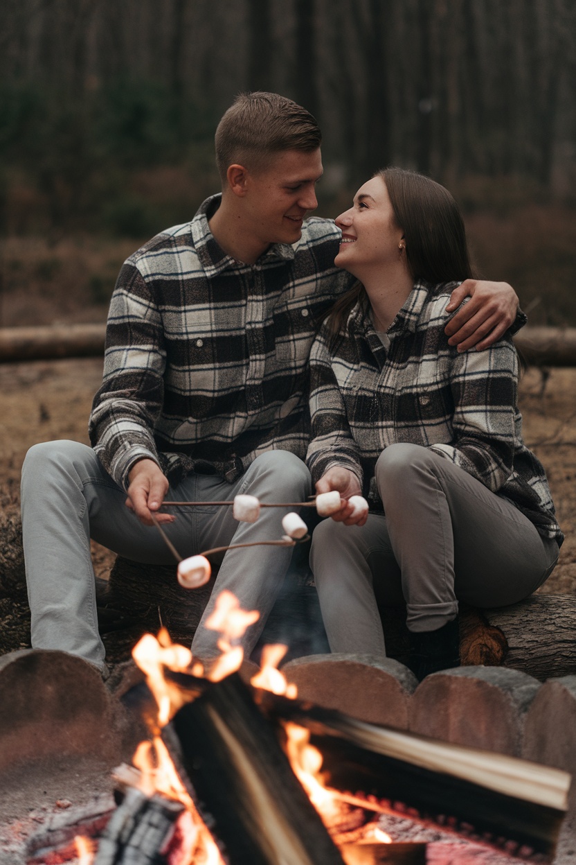 A couple in matching flannel shirts sitting by a campfire, smiling and roasting marshmallows.