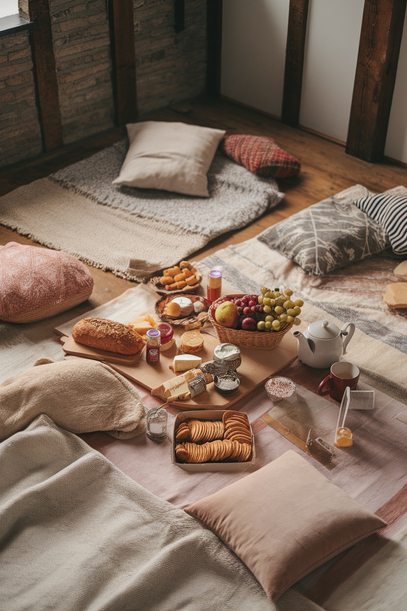 Cozy indoor picnic setup with pillows, blankets, and a variety of snacks including cheese, fruits, and bread.