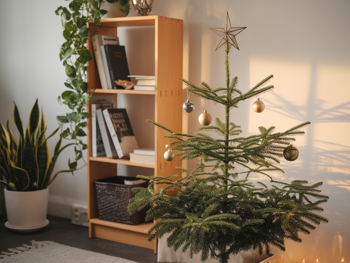 A minimalist Christmas tree with simple decorations, placed near a bookshelf and plants.