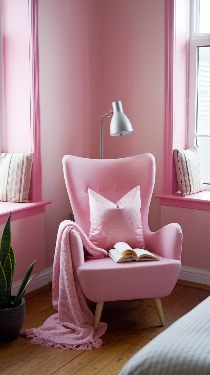 A cozy pink reading nook with a pink armchair, a throw blanket, a lamp, and pink walls.