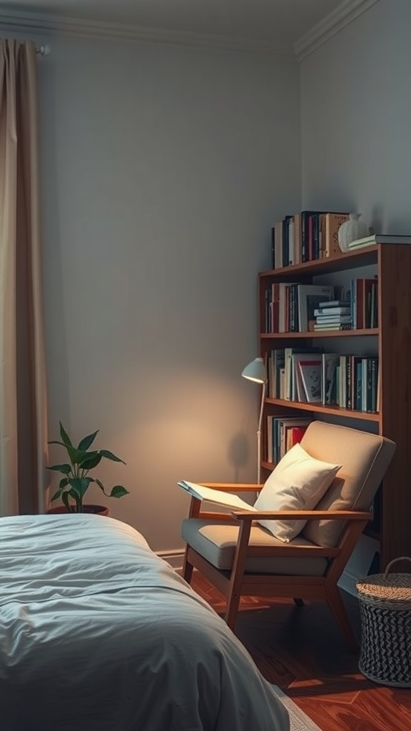 Cozy reading nook in a bedroom with a comfortable chair, bookshelf, and warm lighting.