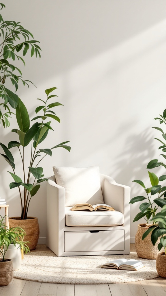 Cozy reading nook with a soft chair, drawer for storage, and surrounding plants.