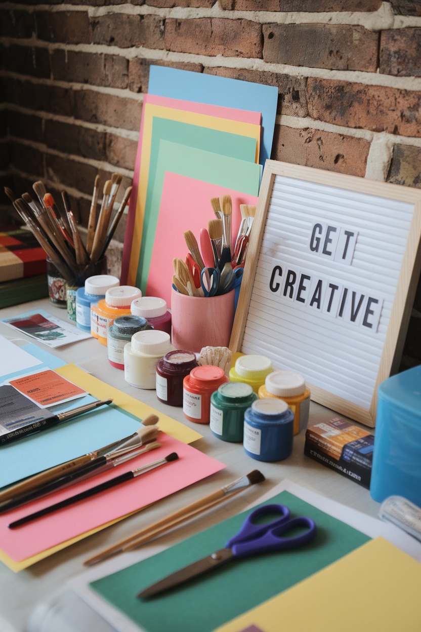 A vibrant craft station with colorful papers, brushes, and paints, featuring a sign that says 'GET CREATIVE'