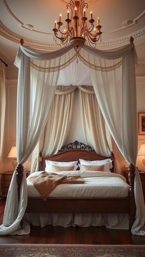 A dreamy canopy bed with soft drapes and warm lighting