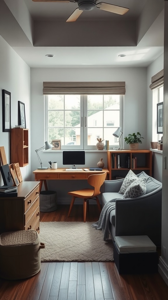 A stylish study area with a desk, chair, and cozy seating.