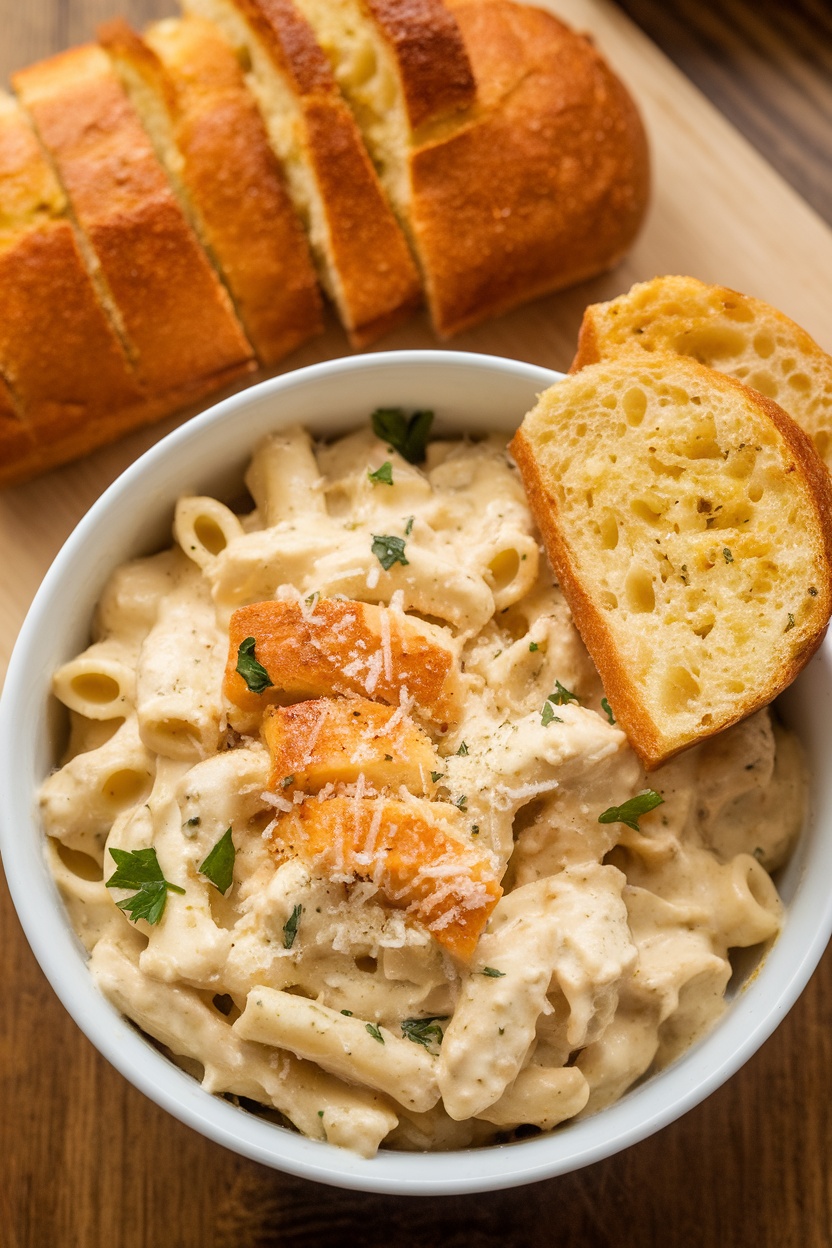 A bowl of creamy chicken alfredo pasta with garlic bread on the side.