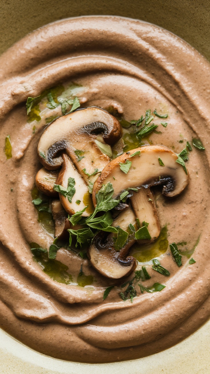 A bowl of creamy mushroom soup garnished with mushroom slices and herbs.