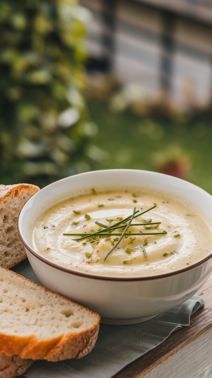 A bowl of creamy potato leek soup with chives and slices of bread on the side.