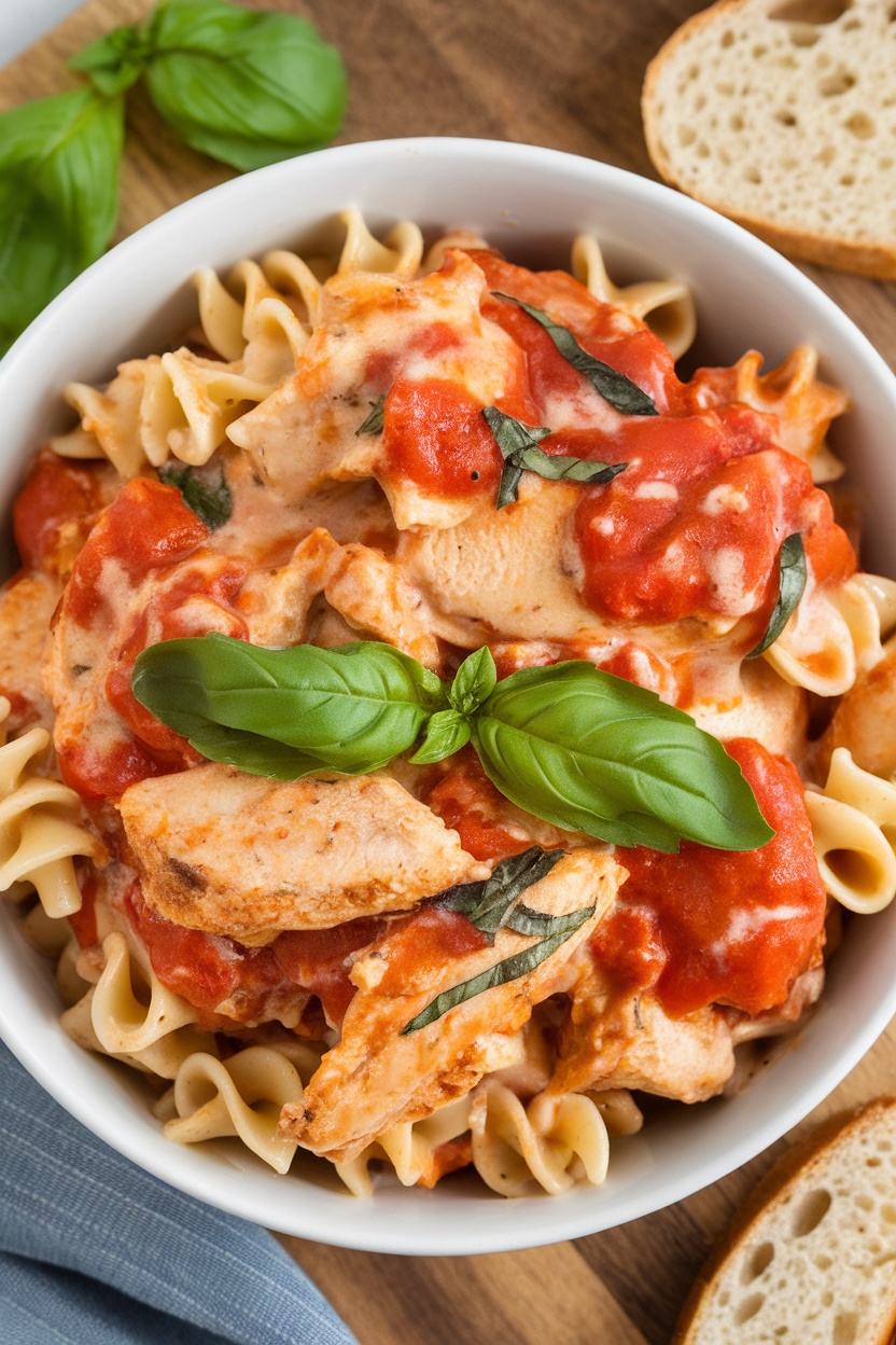 A bowl of creamy tomato basil chicken pasta topped with fresh basil leaves.