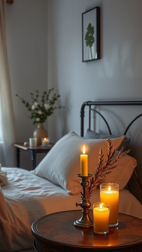 A cozy bedroom scene with multiple candles lit on the bed and surrounding furniture, creating a warm atmosphere.