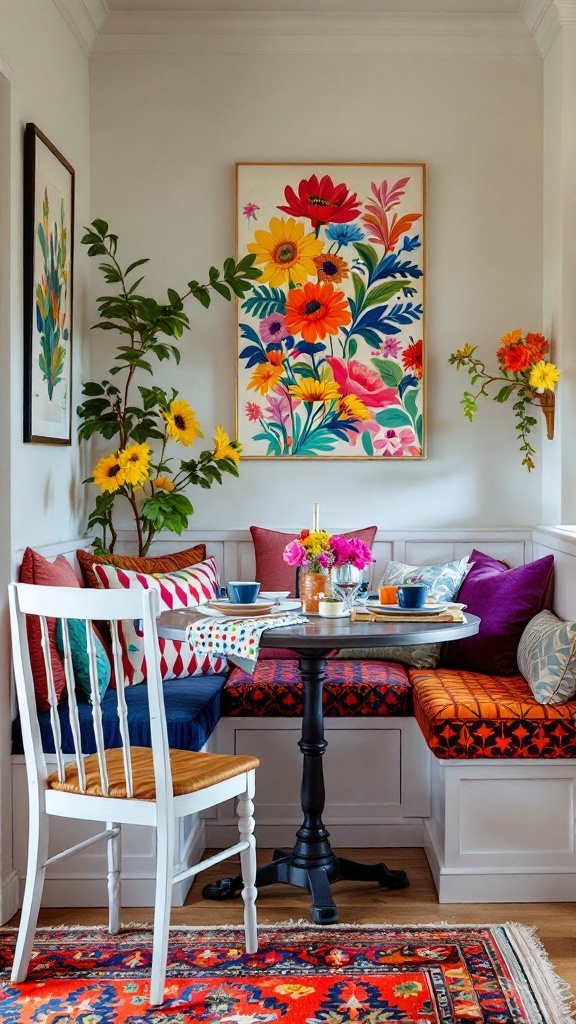 A cozy kitchen nook with colorful cushions, a round table, bright flowers, and vibrant artwork.