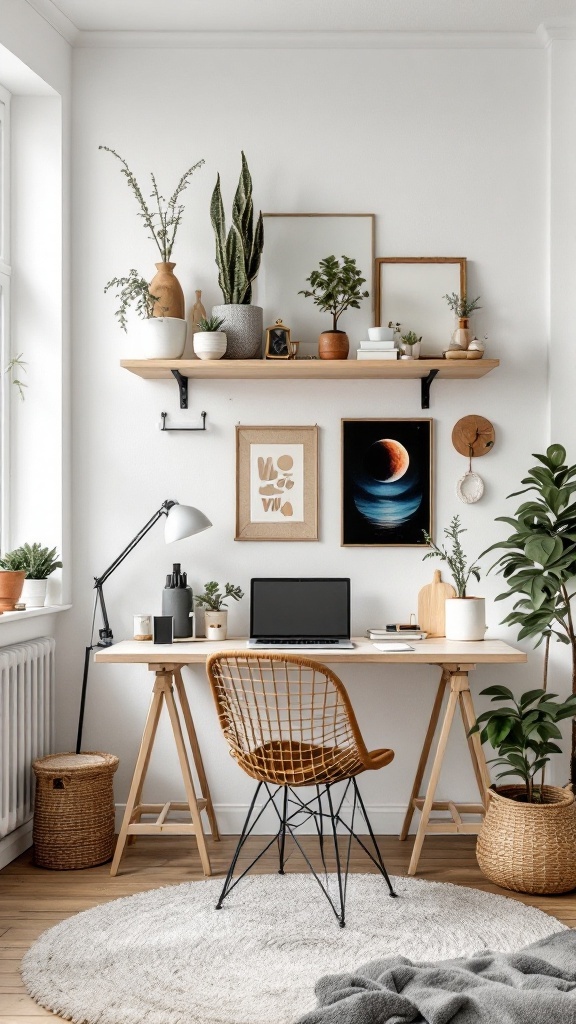 A stylish small workspace featuring a desk, laptop, plants, and decorative items.