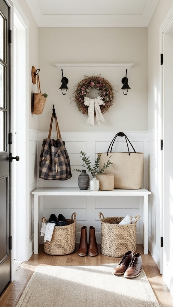 A functional entryway featuring a white bench with woven baskets, stylish bags, and decorative elements.