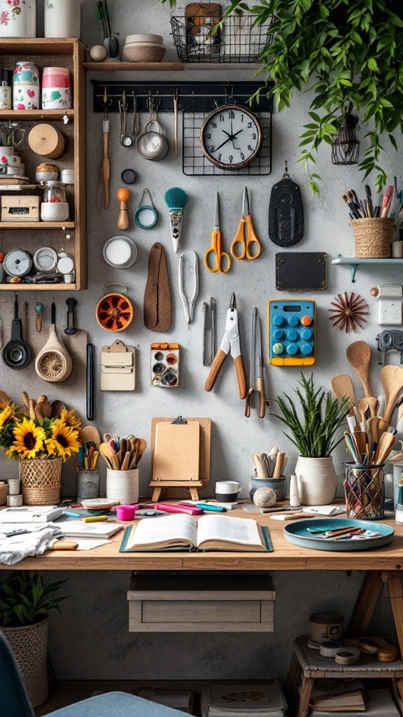 A well-organized hobby station with supplies on a wall and a desk, showcasing various tools, plants, and an open book.