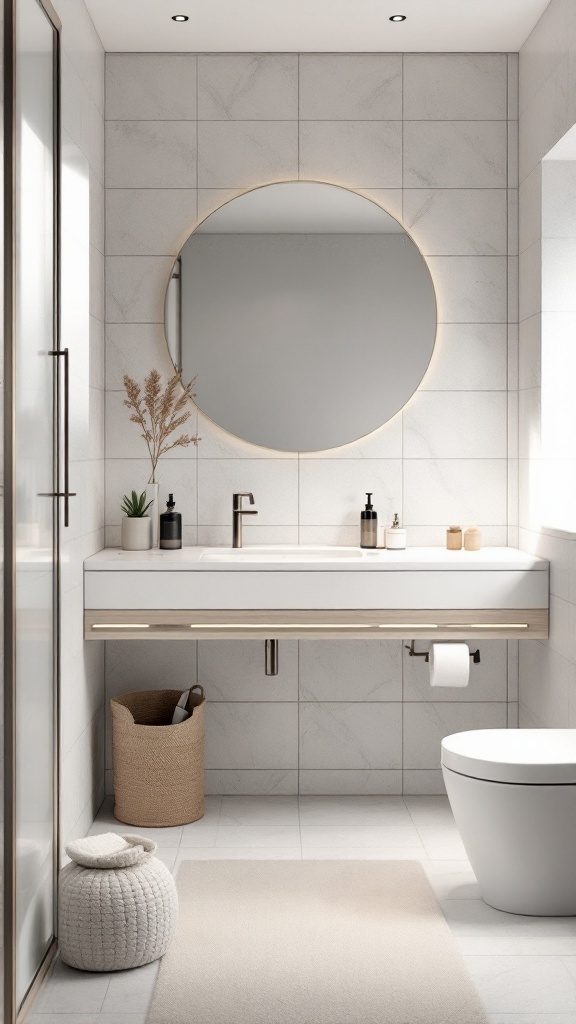 A minimalist bathroom featuring a large round mirror, sleek vanity, and natural decor elements.