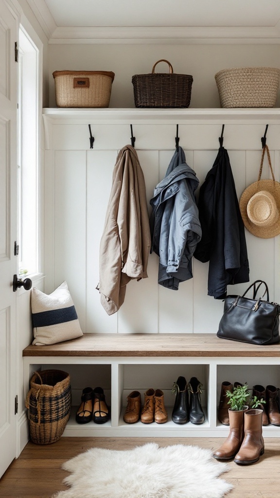 A well-organized mudroom featuring hooks for coats, a bench for sitting, and neatly arranged shoes and baskets.