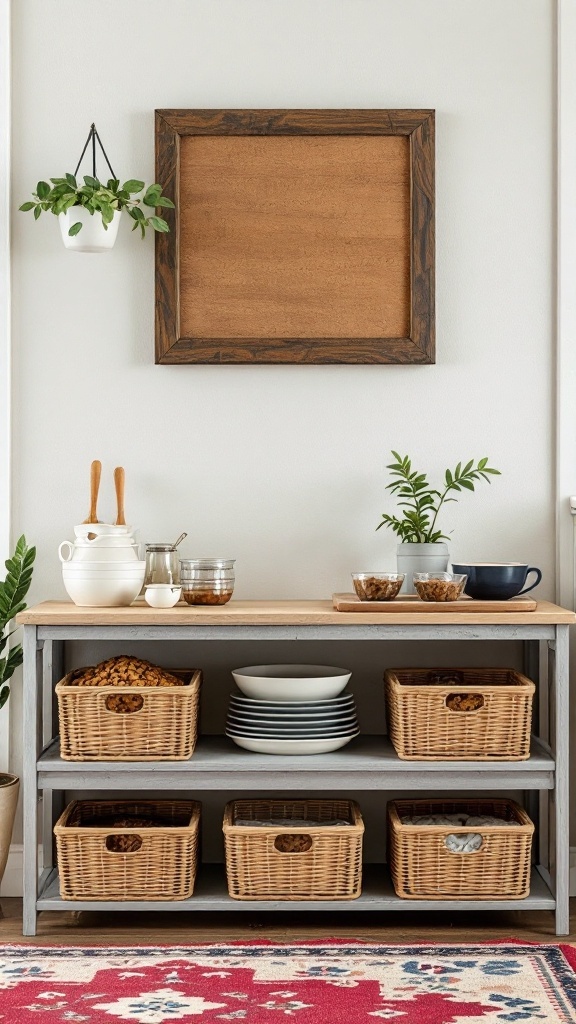 A pet feeding station with storage, featuring a table with bowls, wicker baskets, and a decorative wall frame.