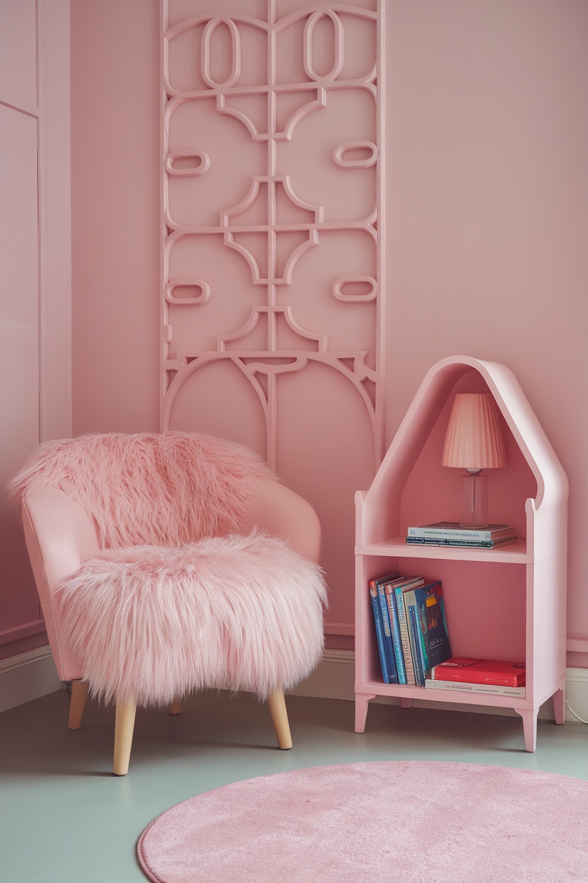 Cozy reading corner featuring a pink chair, a unique bookshelf, and a round pink rug