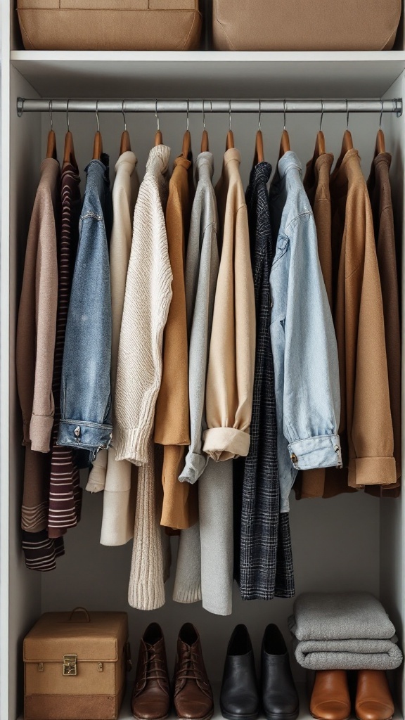 A neatly organized closet featuring a variety of clothing items on hangers and folded sweaters on shelves.