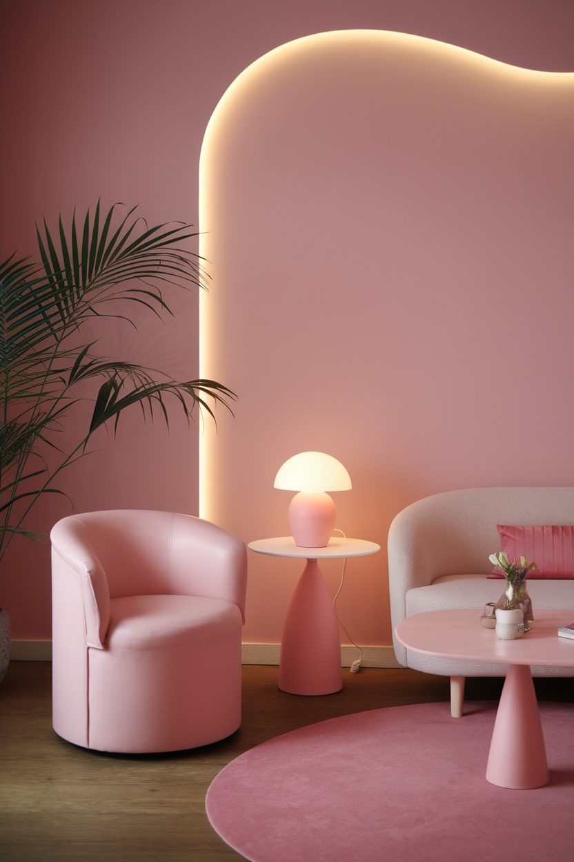 A cozy pink room with soft furniture, gentle lighting, and a plant