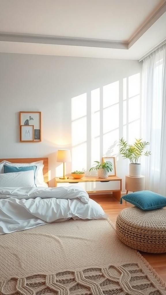 A serene bedroom with natural light, plants, and cozy decor