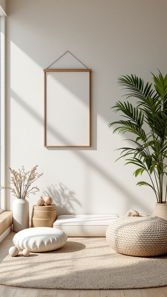 A minimalist living space with natural light, featuring cozy seating, a potted plant, and a blank frame on the wall.