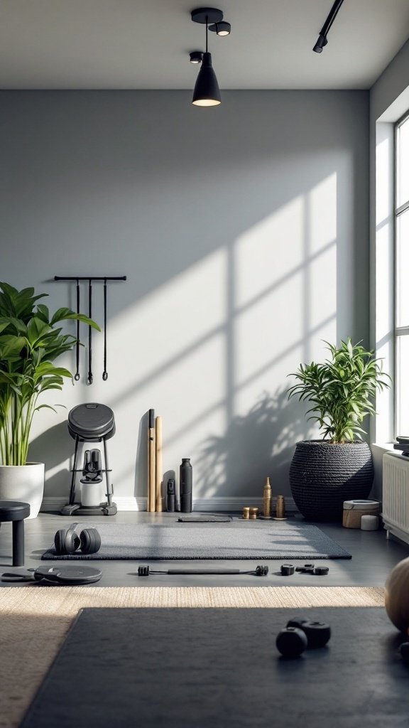 A well-organized home gym featuring exercise mats, equipment, and plants, showcasing a bright and inviting atmosphere.