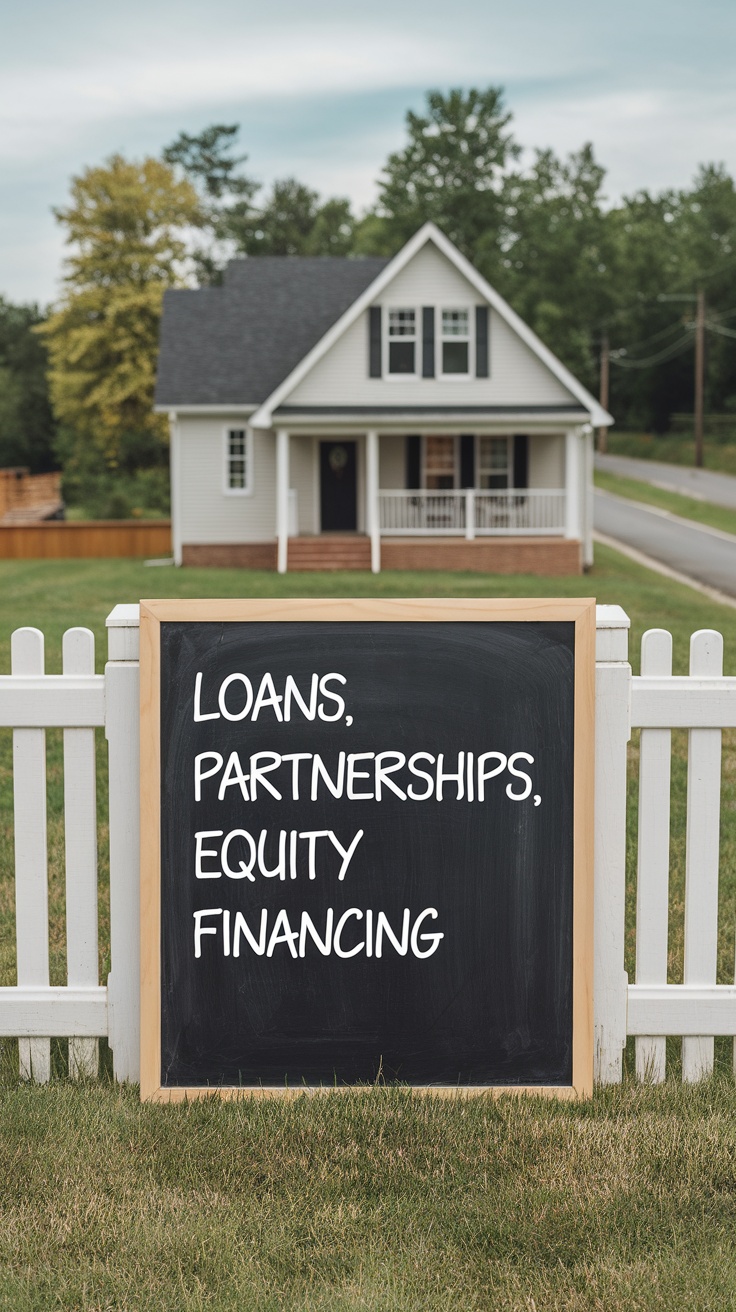 A charming house with various signs for loans and partnerships in a grassy area.