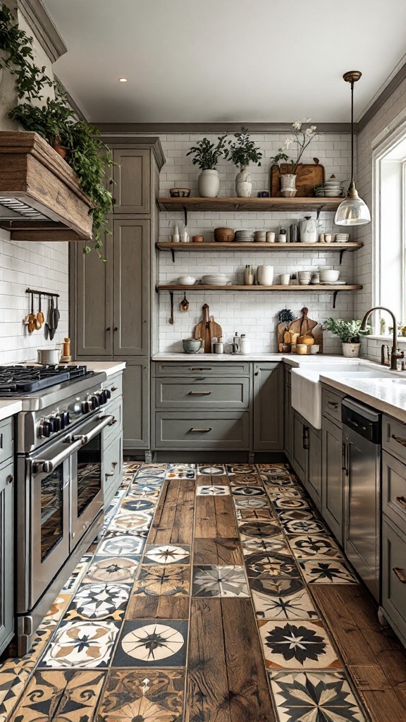 A kitchen featuring a mix of patterned tile and wood flooring, with modern cabinets and open shelving.