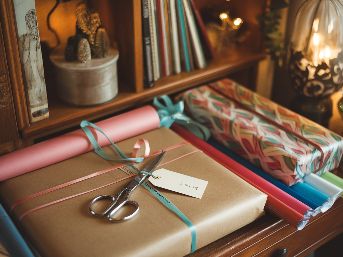 A cozy gift wrapping station with various colorful wrapping papers and ribbons.