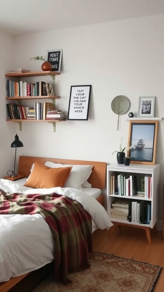 A cozy bedroom featuring wooden floating shelves with books, a white bookshelf, and a neatly made bed.