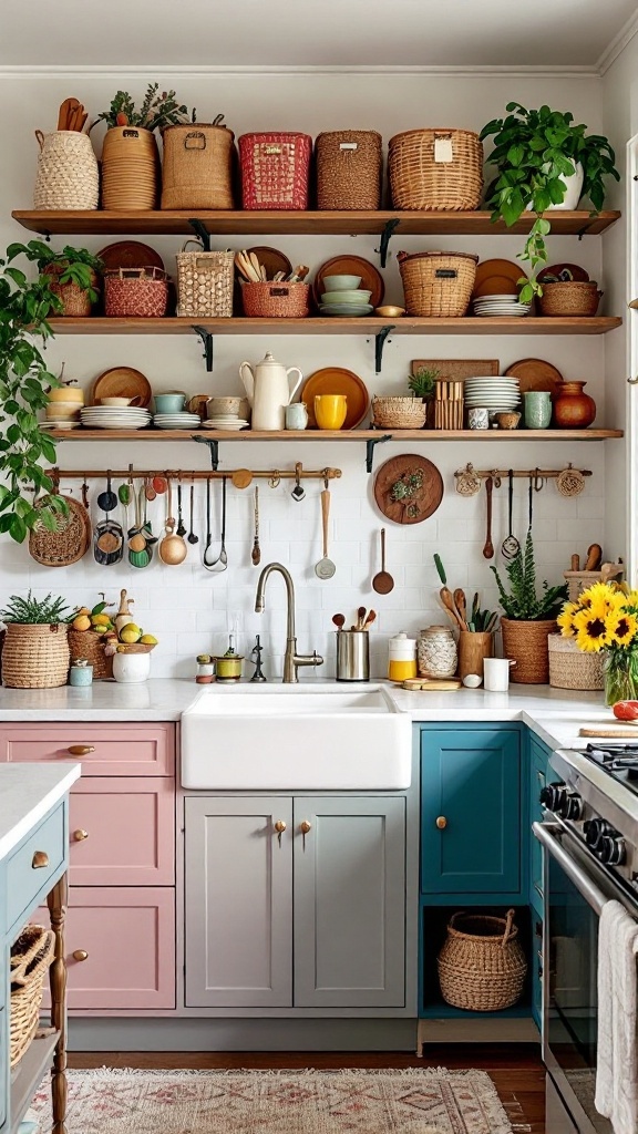 Colorful kitchen with open shelves filled with baskets, plants, and dishware, showcasing creative storage solutions in a maximalist decor style.