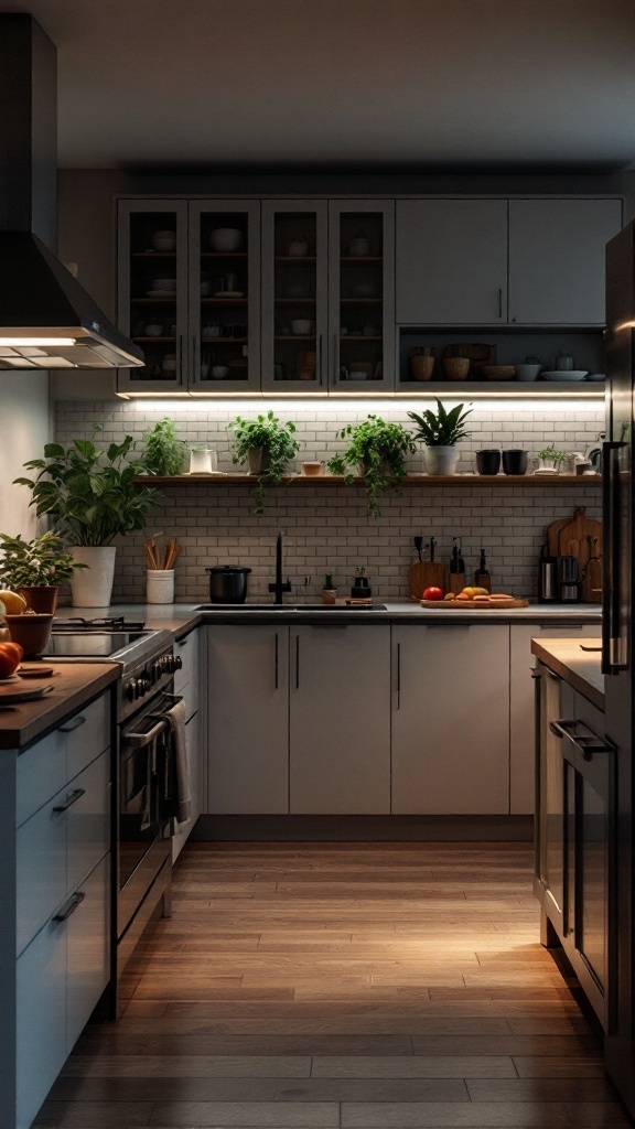 A cozy kitchen with warm lighting and green plants, showcasing modern design trends.