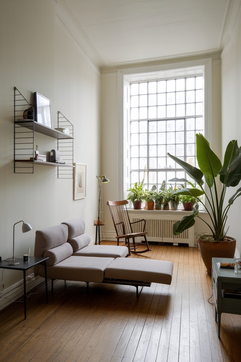 A cozy living room featuring a sofa, a rocking chair, shelves, and plants in a bright space.