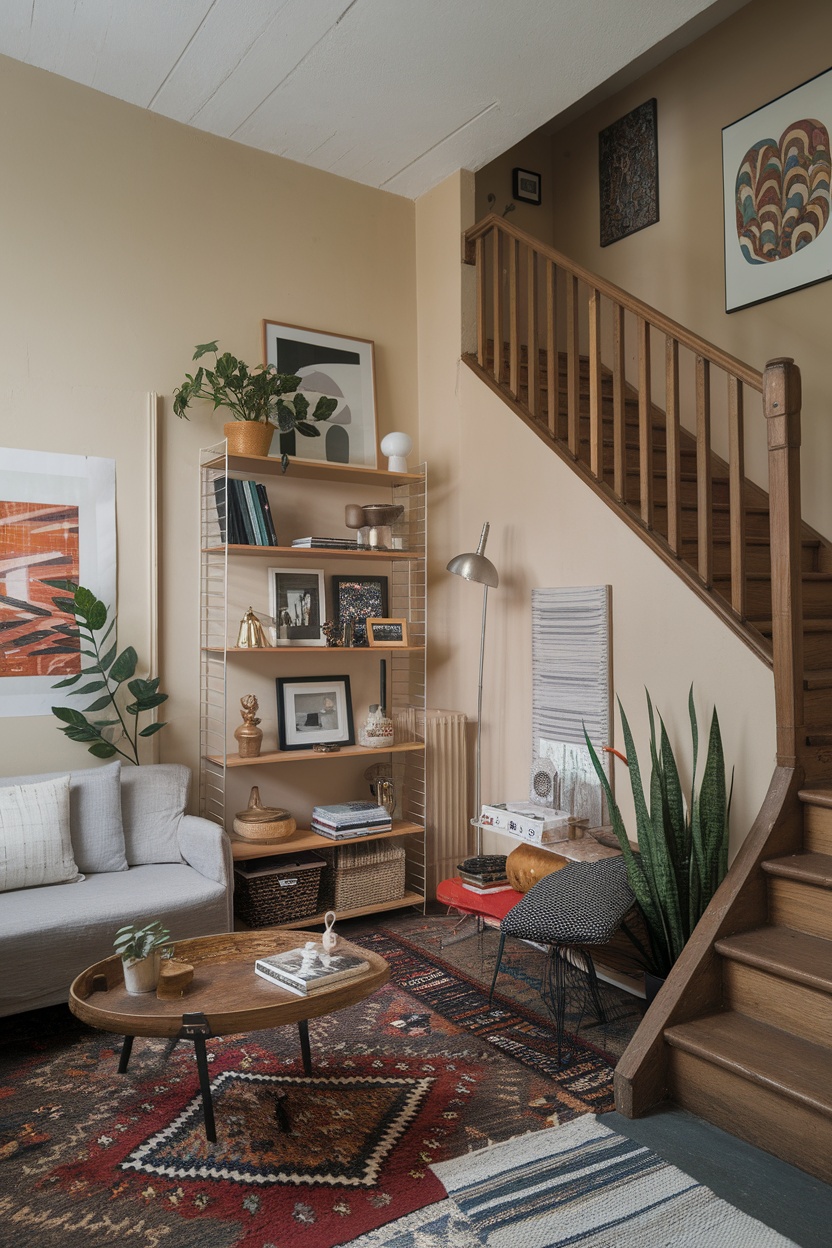 A cozy living area with a gray sofa, wooden coffee table, patterned rugs, and a shelving unit filled with decor and plants.