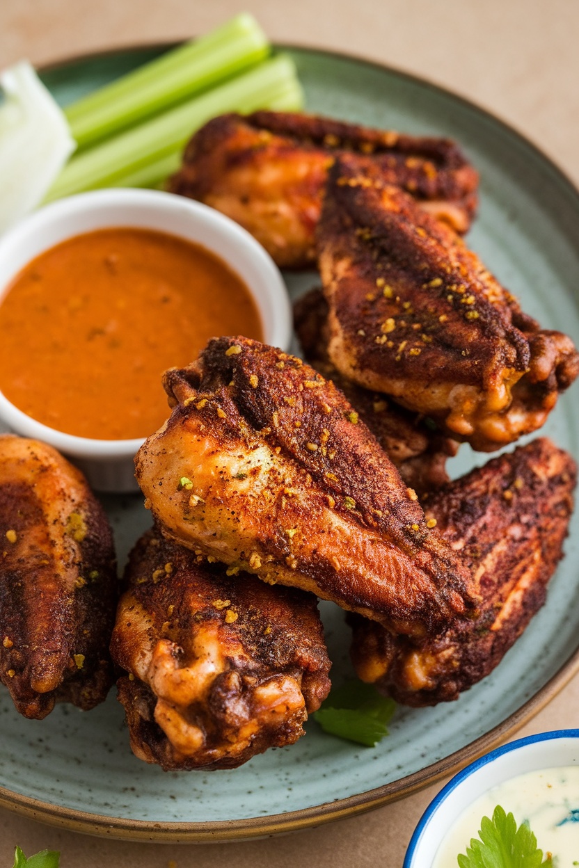 Plate of crispy adobo wings served with dipping sauce and celery sticks.