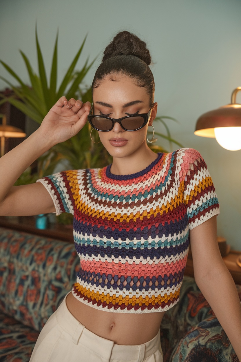 A model wearing a colorful crochet top, styled with sunglasses, in a cozy indoor setting.