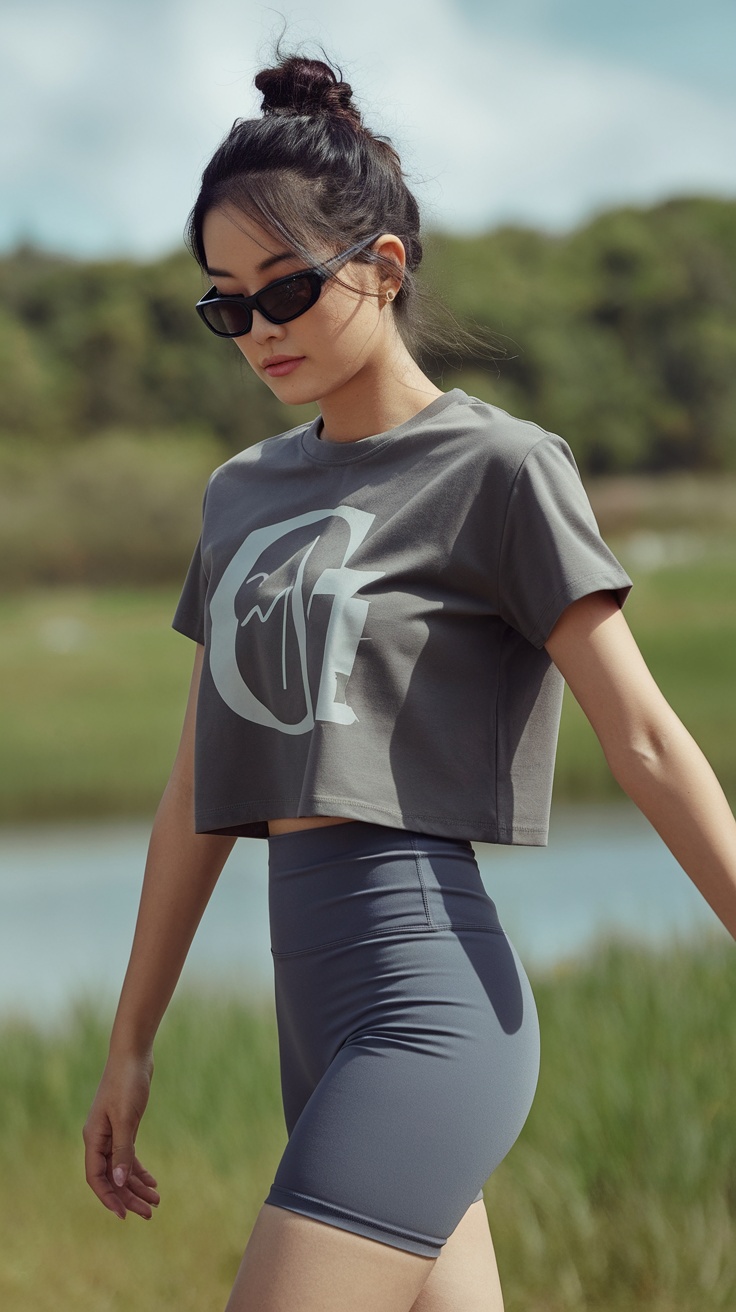 A woman wearing a gray crop top and high-waisted shorts, styled casually with sunglasses.