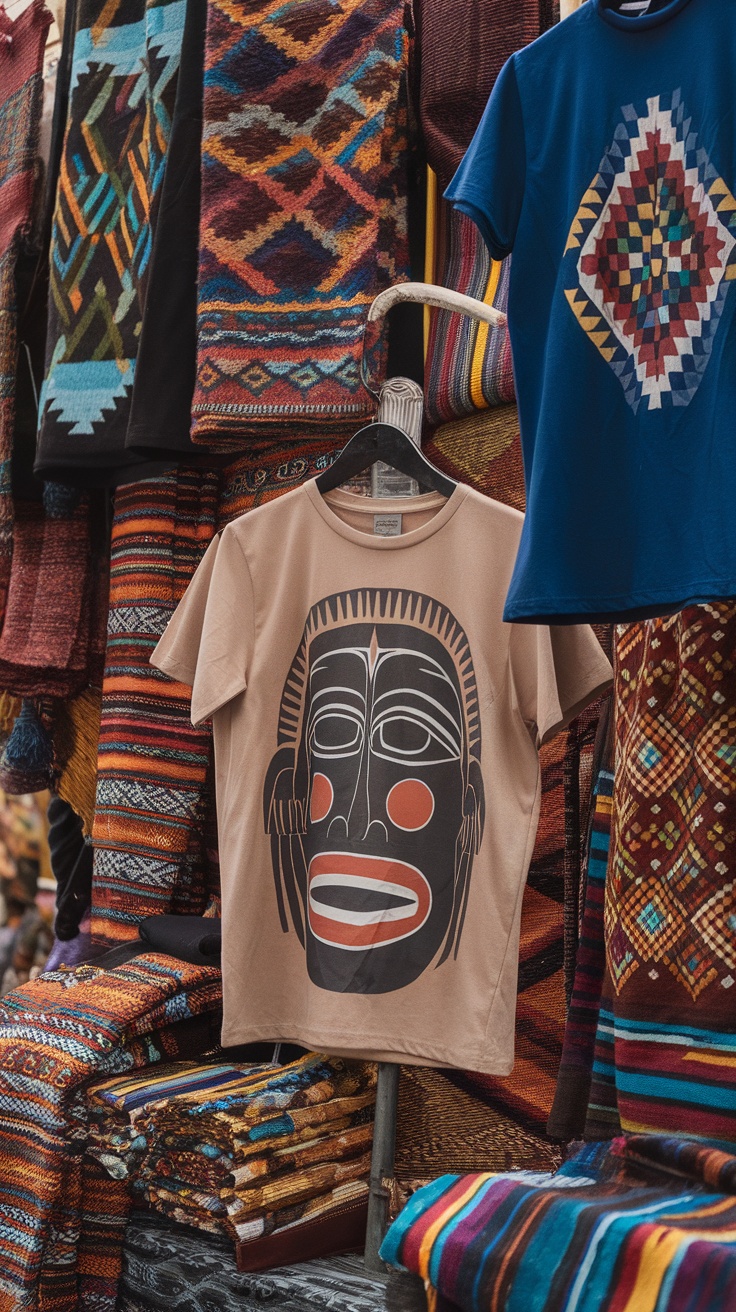 Cultural t-shirt featuring a traditional mask design, displayed with colorful fabrics.