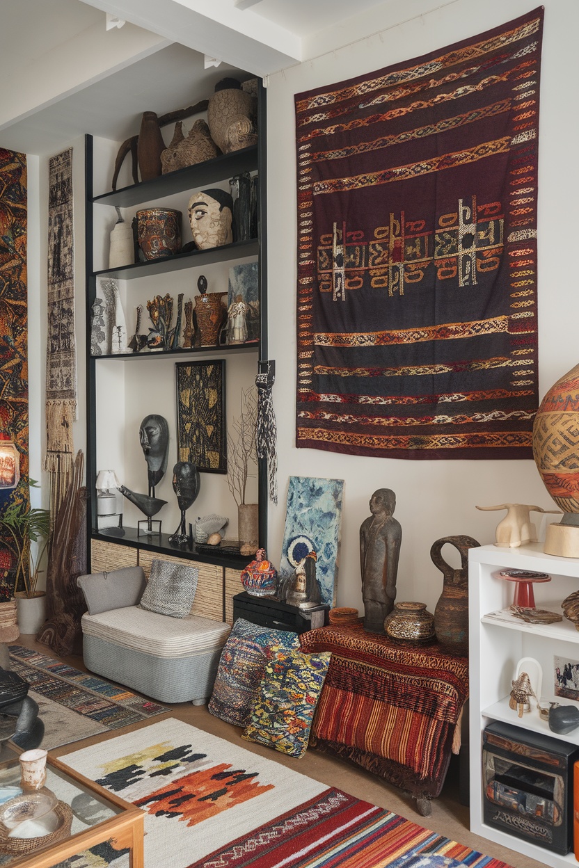 A vibrant living space showcasing diverse cultural decor including textiles, sculptures, and unique furniture.