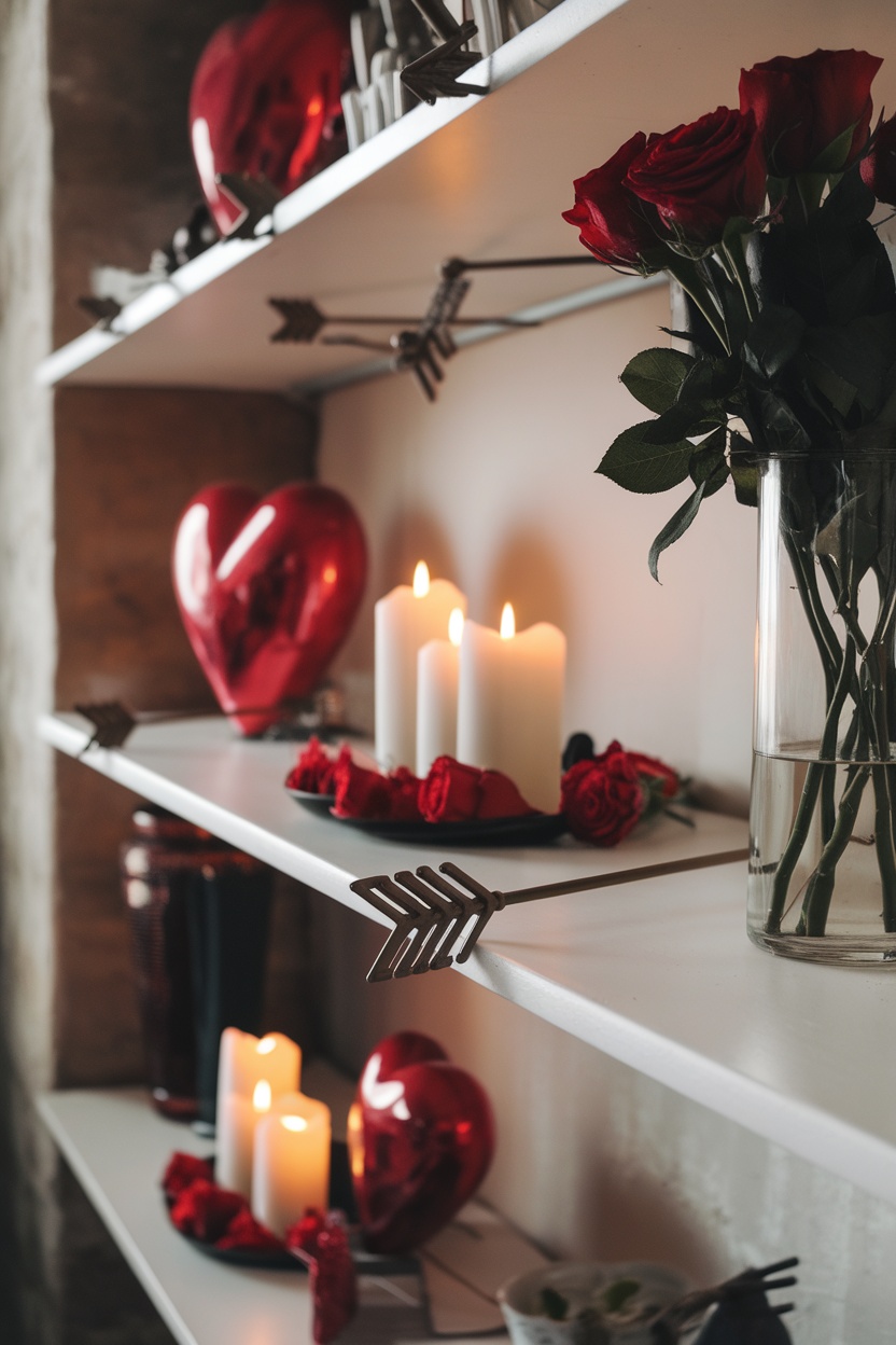 Decorative shelves with Cupid's arrow accents, red hearts, candles, and roses for Valentine's Day.