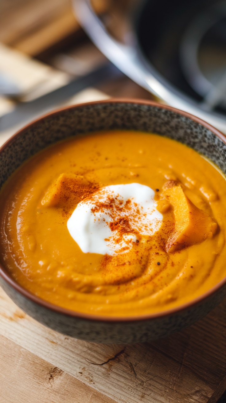 A bowl of curried pumpkin soup topped with yogurt and paprika.