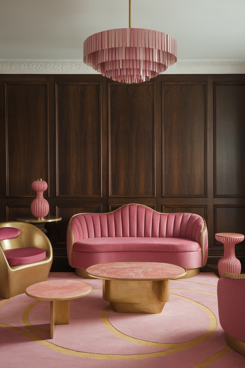 Living room with curvaceous pink sofa, gold accents, and round tables