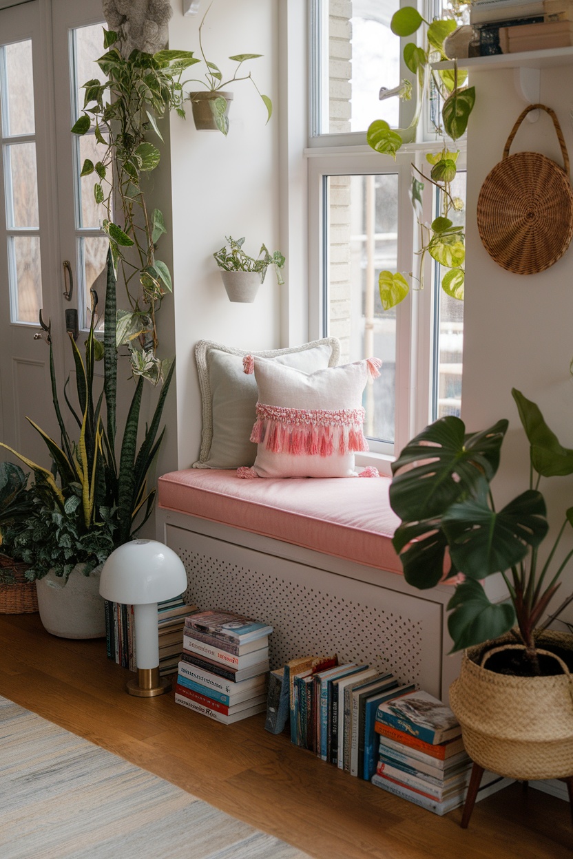 A cozy window seat with pink cushions, surrounded by plants and bookshelves.