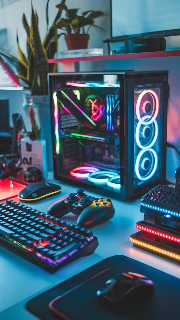 A vibrant gaming setup with a customized PC featuring colorful lighting and gaming accessories.